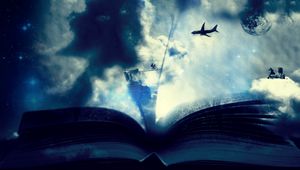 Preview wallpaper book, clouds, fantasy, bicycle, airplane