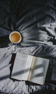 Preview wallpaper book, coffee, bed, shadow