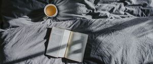 Preview wallpaper book, coffee, bed, shadow