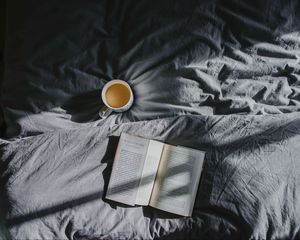 Preview wallpaper book, coffee, bed, shadow