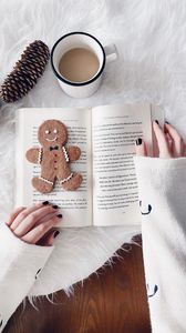 Preview wallpaper book, coffee, cookies, hands, aesthetics