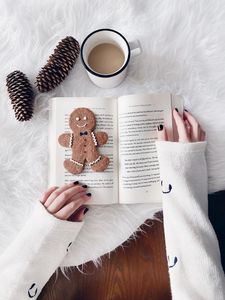 Preview wallpaper book, coffee, cookies, hands, aesthetics