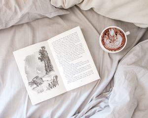 Preview wallpaper book, cup, coffee, bed, comfort