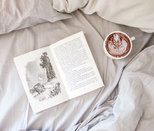 Preview wallpaper book, cup, coffee, bed, comfort