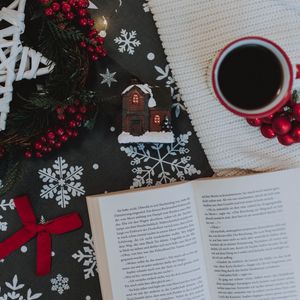 Preview wallpaper book, cup, decoration, new year, christmas, mood
