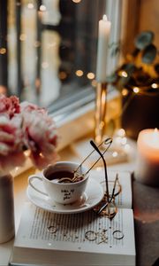 Preview wallpaper book, cup, glasses, decoration, glare