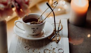 Preview wallpaper book, cup, glasses, decoration, glare