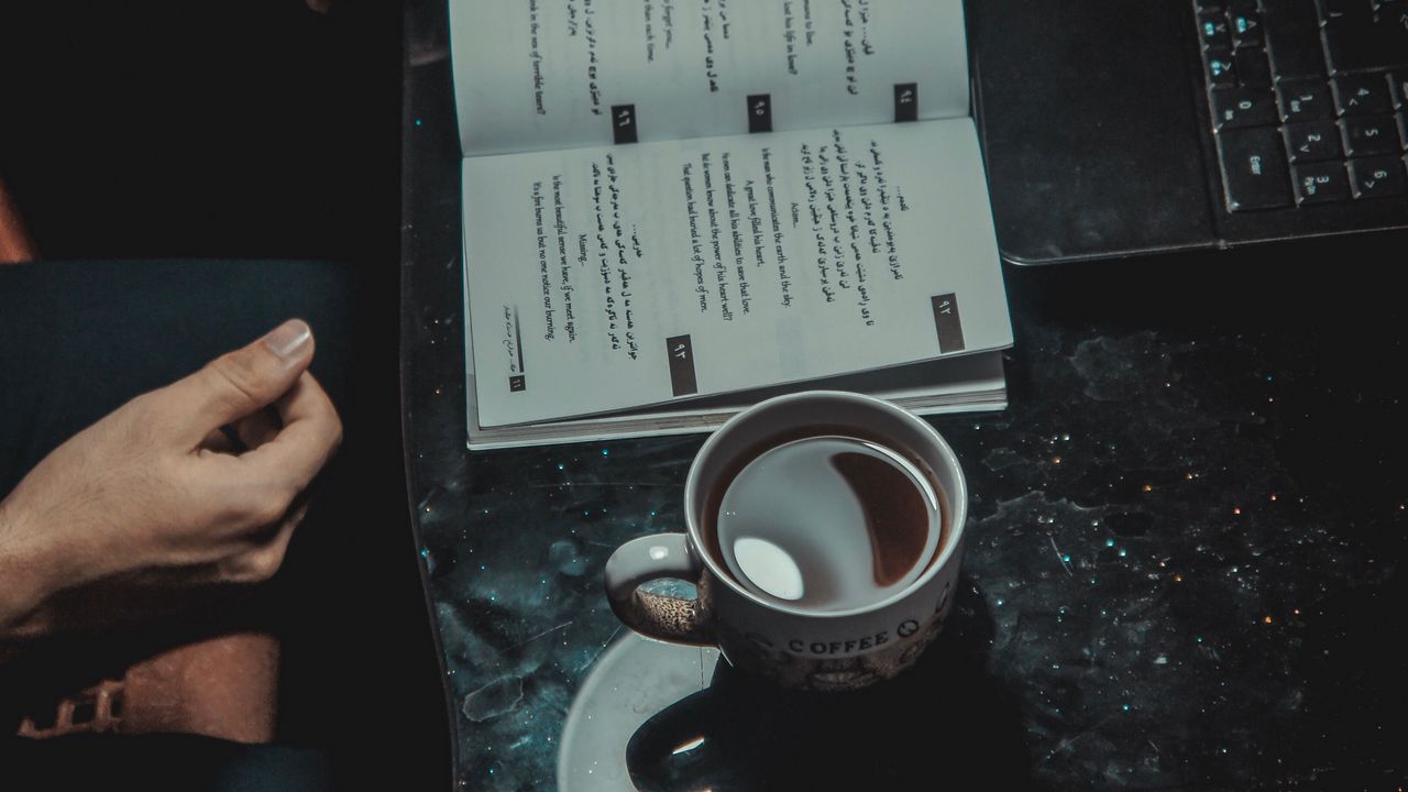 Wallpaper book, cup, laptop, hands, mood