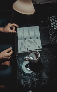 Preview wallpaper book, cup, laptop, hands, mood