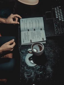 Preview wallpaper book, cup, laptop, hands, mood