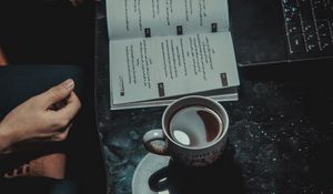 Preview wallpaper book, cup, laptop, hands, mood