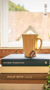 Preview wallpaper book, cup, tea, window sill, window, houseplant