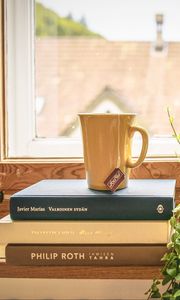 Preview wallpaper book, cup, tea, window sill, window, houseplant