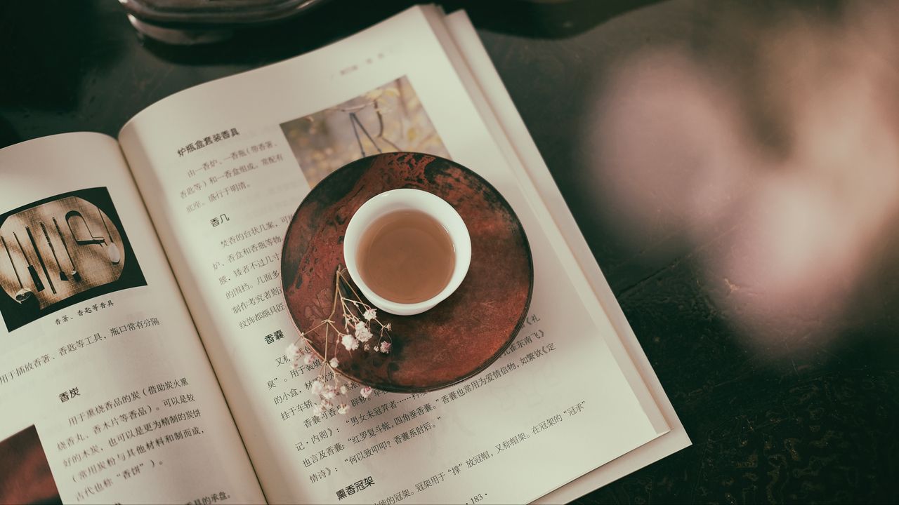 Wallpaper book, cup, tea, flower, relax