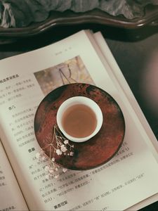 Preview wallpaper book, cup, tea, flower, relax