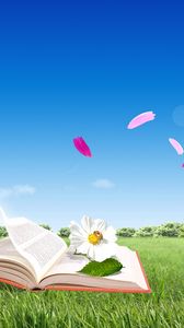 Preview wallpaper book, field, flowers, flying, sky, nature, mood