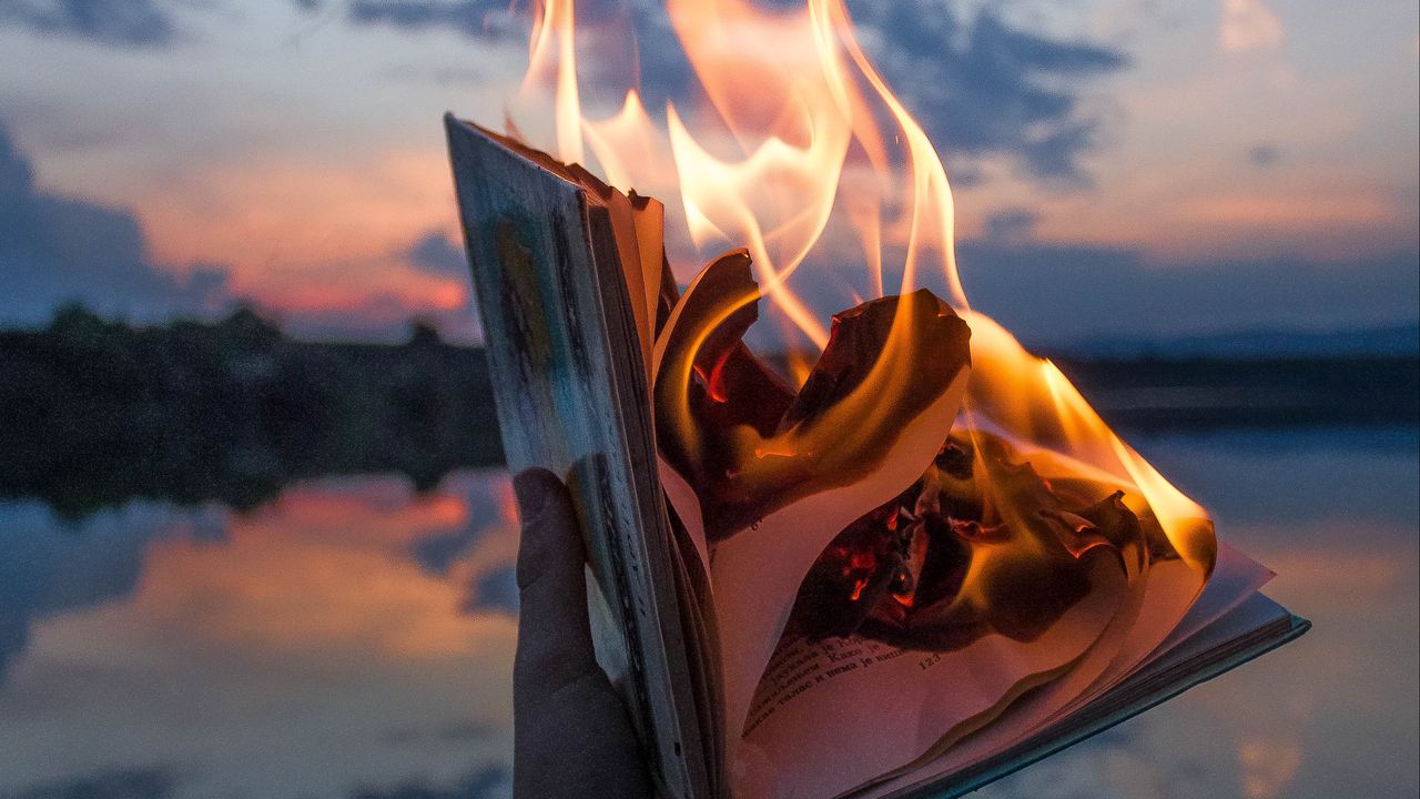 Wallpaper book, fire, hand, flame, dusk