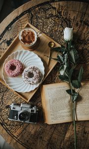 Preview wallpaper book, flower, donuts, cup, coffee, camera
