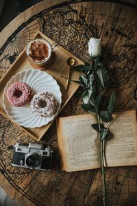 Preview wallpaper book, flower, donuts, cup, coffee, camera