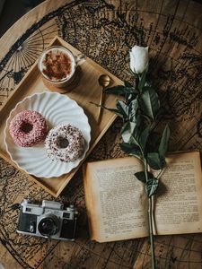 Preview wallpaper book, flower, donuts, cup, coffee, camera