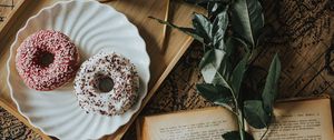 Preview wallpaper book, flower, donuts, cup, coffee, camera