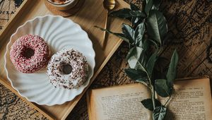 Preview wallpaper book, flower, donuts, cup, coffee, camera