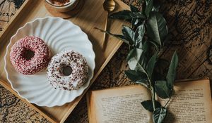 Preview wallpaper book, flower, donuts, cup, coffee, camera