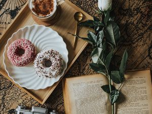 Preview wallpaper book, flower, donuts, cup, coffee, camera