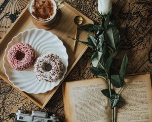 Preview wallpaper book, flower, donuts, cup, coffee, camera