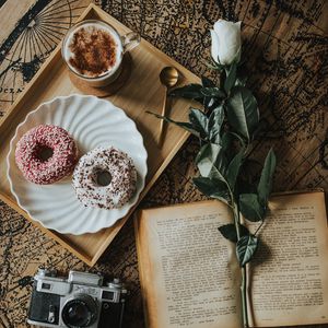 Preview wallpaper book, flower, donuts, cup, coffee, camera