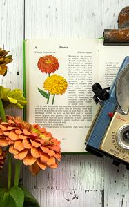 Preview wallpaper book, flowers, camera, aesthetics, vintage