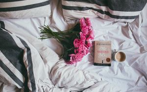Preview wallpaper book, flowers, coffee, bed, mood