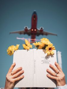 Preview wallpaper book, flowers, hands, reading, plane