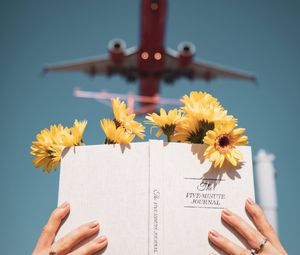 Preview wallpaper book, flowers, hands, reading, plane