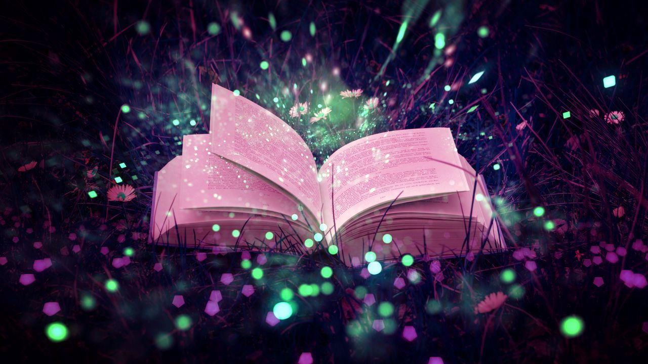 Wallpaper book, glare, sparkles, grass, magic