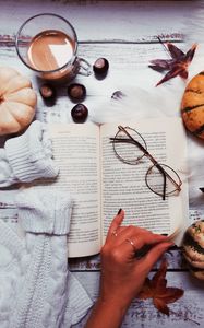 Preview wallpaper book, glasses, coffee, hand