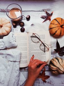 Preview wallpaper book, glasses, coffee, hand