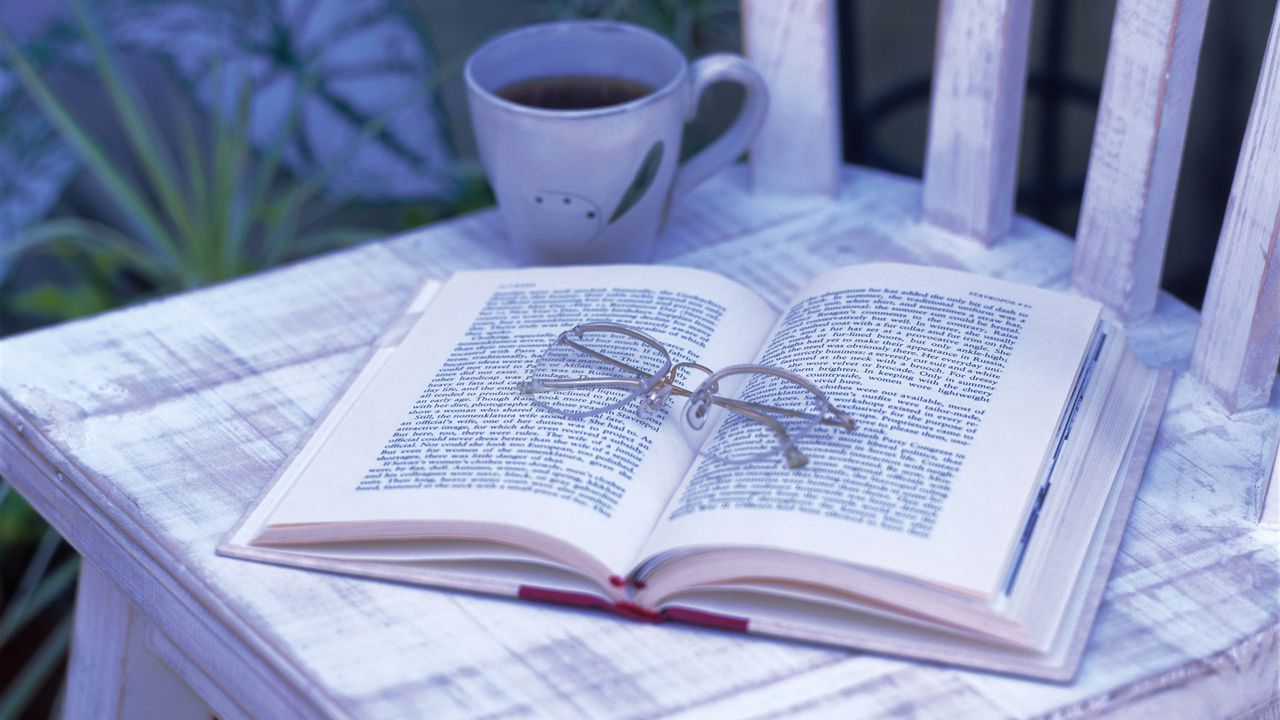 Wallpaper book, glasses, tea, chair, cup, garden