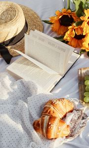 Preview wallpaper book, hat, croissant, picnic