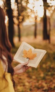 Preview wallpaper book, leaf, hand, autumn, blur
