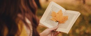 Preview wallpaper book, leaf, hand, autumn, blur