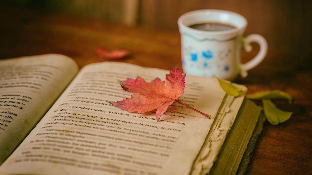 Wallpaper book, leaves, cup, autumn, comfort, reading, coffee