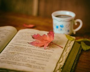 Preview wallpaper book, leaves, cup, autumn, comfort, reading, coffee