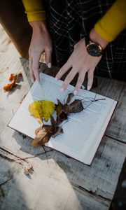 Preview wallpaper book, leaves, hands, autumn, aesthetics