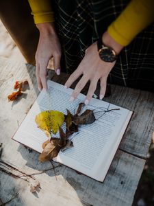 Preview wallpaper book, leaves, hands, autumn, aesthetics