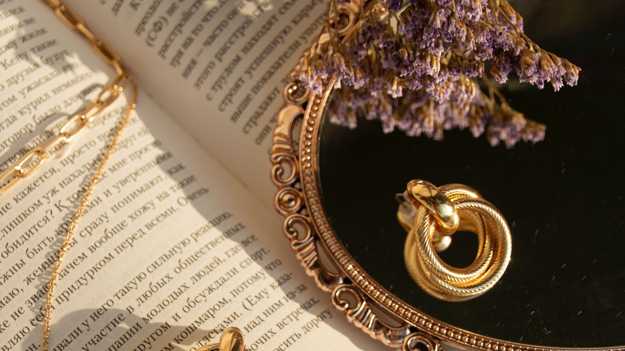 Wallpaper book, mirror, flowers, earrings, gold, aesthetics