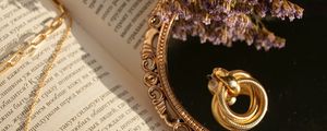 Preview wallpaper book, mirror, flowers, earrings, gold, aesthetics