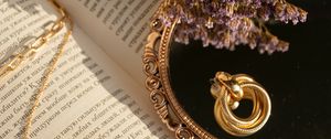 Preview wallpaper book, mirror, flowers, earrings, gold, aesthetics