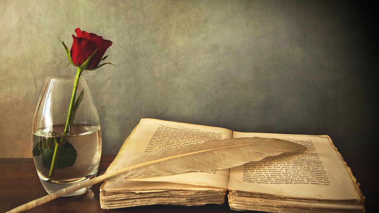 Wallpaper book, old, pen, table, vase, rose, red