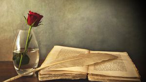 Preview wallpaper book, old, pen, table, vase, rose, red